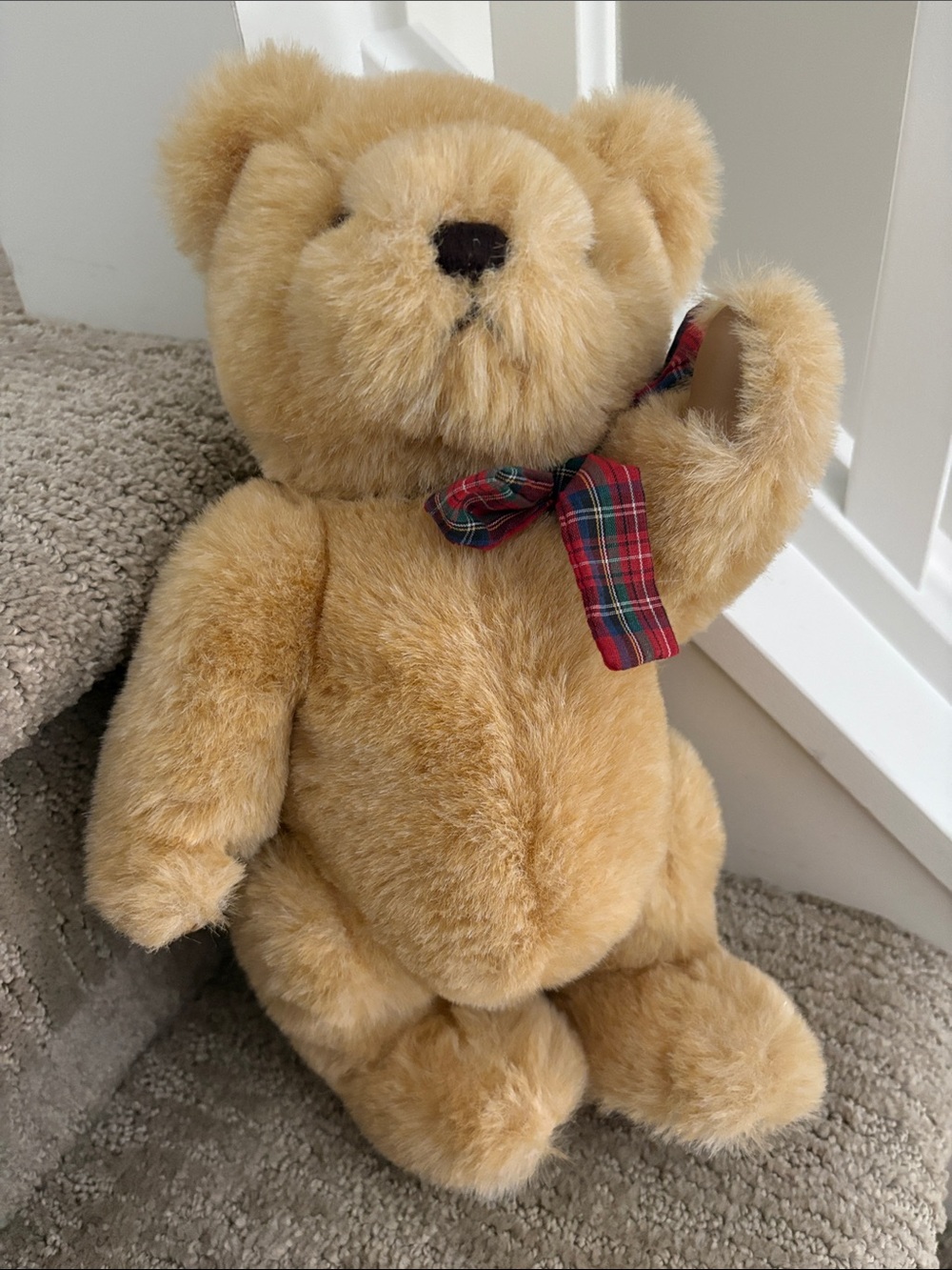 Gund Cream Plush Teddy Bear with Red Tartan Bow